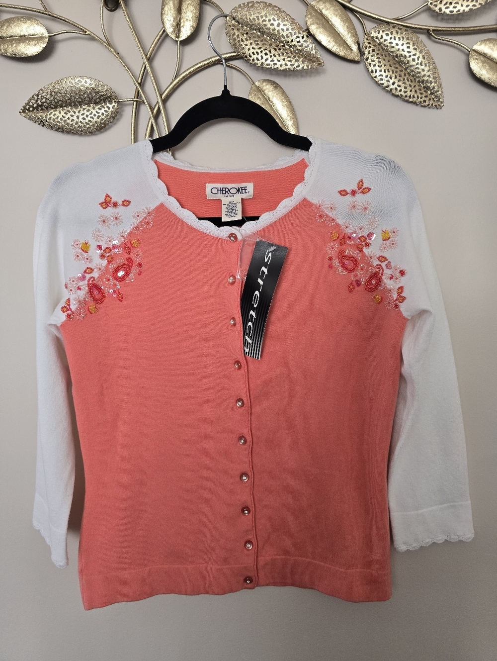 Cherokee Coral Pink Cardigan with White Scalloped Trim  Floral Beaded S Y2K